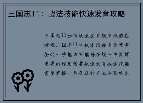 三国志11：战法技能快速发育攻略